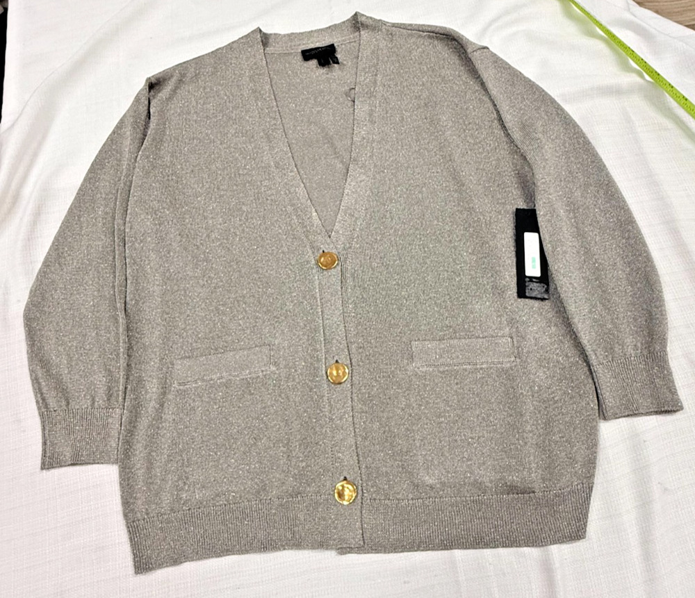 Donna Karan New York Cardigan Sweater Large Metallic Knit Gold Button NWT